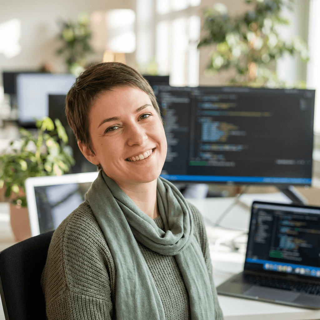 Sarah Mitchell in a smart blouse in a modern office