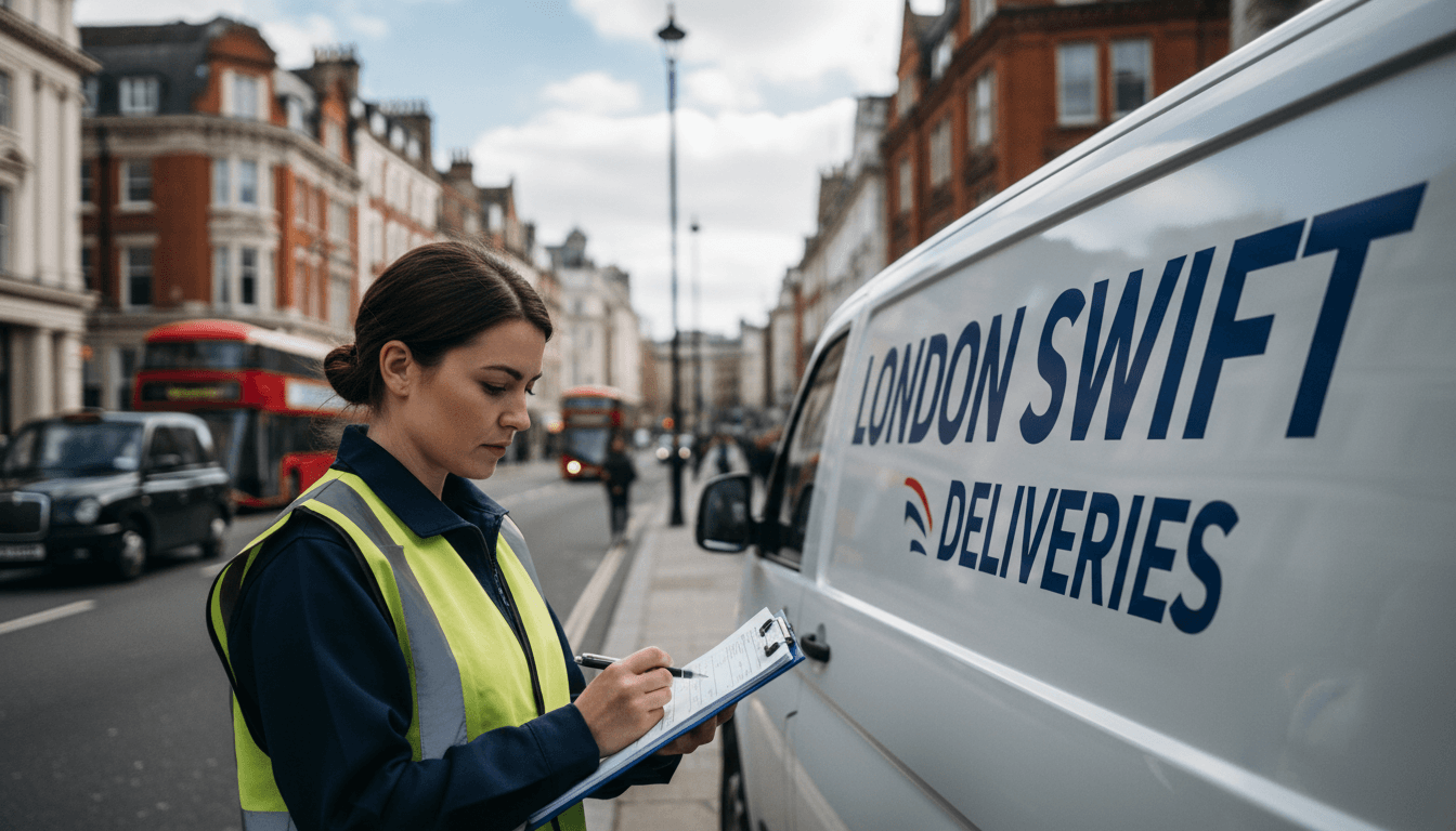 Delivery coordinator with a clipboard next to a courier van on a London street