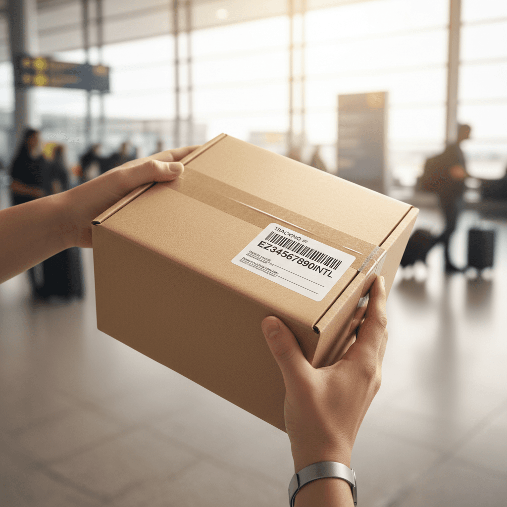Courier collecting a box from a business reception