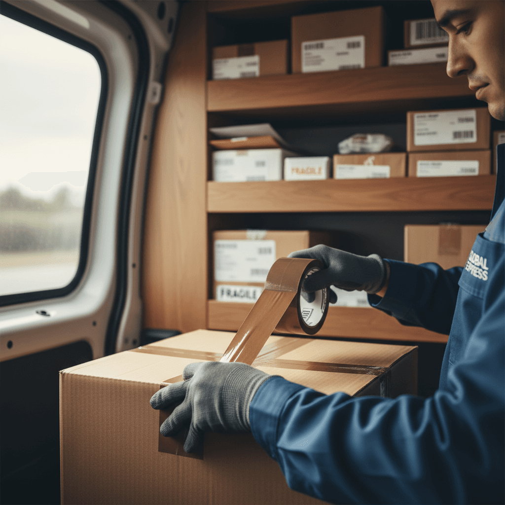 Business owner handing a package to a courier at a shop counter