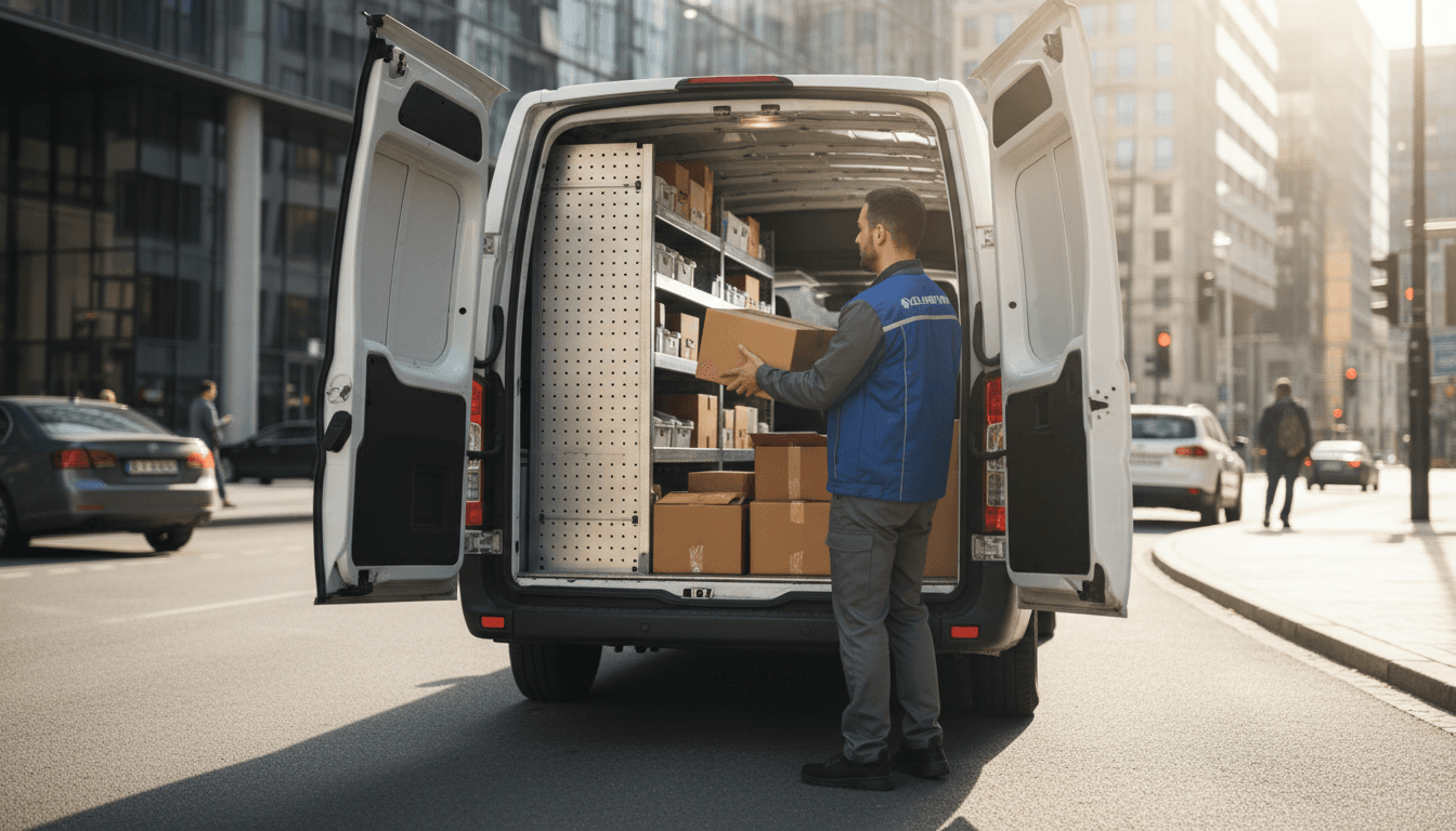 Delivery coordinator checking details beside courier van in London
