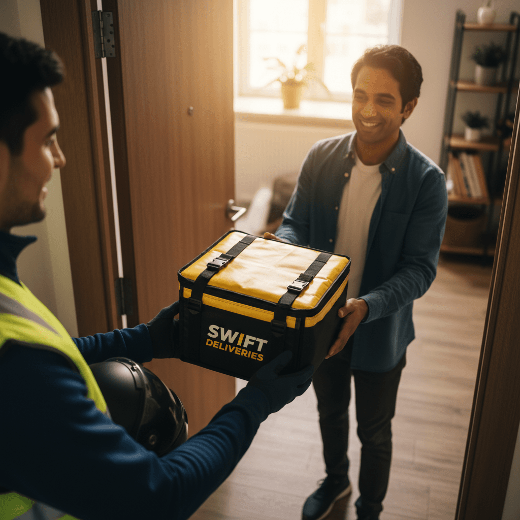 Courier handing a parcel to a recipient at a London doorstep
